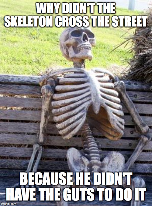 Waiting Skeleton Meme | WHY DIDN'T THE SKELETON CROSS THE STREET; BECAUSE HE DIDN'T HAVE THE GUTS TO DO IT | image tagged in memes,waiting skeleton | made w/ Imgflip meme maker