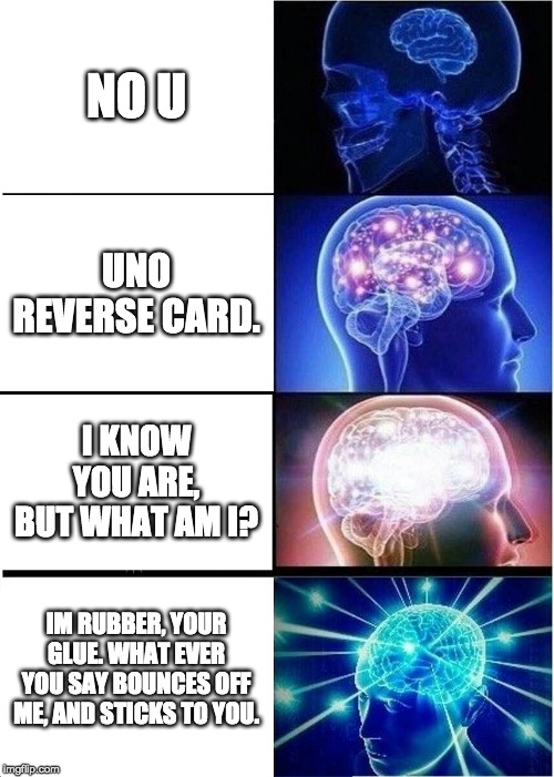 Expanding Brain | NO U; UNO REVERSE CARD. I KNOW YOU ARE, BUT WHAT AM I? IM RUBBER, YOUR GLUE. WHAT EVER YOU SAY BOUNCES OFF ME, AND STICKS TO YOU. | image tagged in memes,expanding brain | made w/ Imgflip meme maker