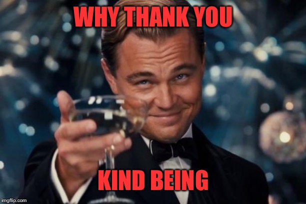 Leonardo Dicaprio Cheers Meme | WHY THANK YOU KIND BEING | image tagged in memes,leonardo dicaprio cheers | made w/ Imgflip meme maker