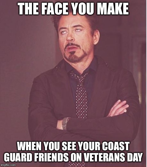Face You Make Robert Downey Jr Meme | THE FACE YOU MAKE; WHEN YOU SEE YOUR COAST GUARD FRIENDS ON VETERANS DAY | image tagged in memes,face you make robert downey jr,veterans day | made w/ Imgflip meme maker