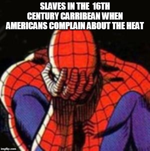 Sad Spiderman Meme | SLAVES IN THE  16TH CENTURY CARRIBEAN WHEN AMERICANS COMPLAIN ABOUT THE HEAT | image tagged in memes,sad spiderman,spiderman | made w/ Imgflip meme maker