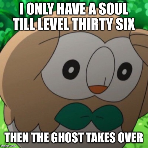Rowlet Meme Template | I ONLY HAVE A SOUL TILL LEVEL THIRTY SIX; THEN THE GHOST TAKES OVER | image tagged in rowlet meme template | made w/ Imgflip meme maker