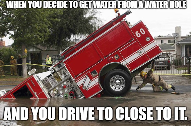 WHEN YOU DECIDE TO GET WATER FROM A WATER HOLE; AND YOU DRIVE TO CLOSE TO IT. | image tagged in fun | made w/ Imgflip meme maker