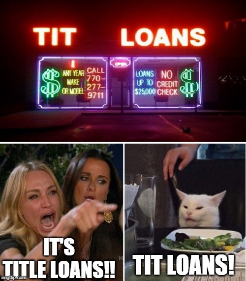 IT'S TITLE LOANS!! TIT LOANS! | image tagged in woman yelling at cat | made w/ Imgflip meme maker