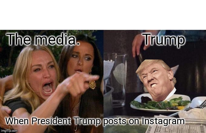 Woman Yelling At Cat | The media.                 Trump; When President Trump posts on Instagram | image tagged in memes,woman yelling at cat | made w/ Imgflip meme maker