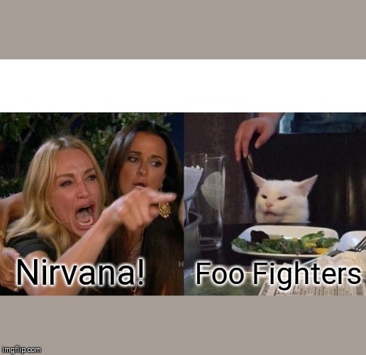Woman Yelling At Cat | Nirvana! Foo Fighters | image tagged in memes,woman yelling at cat | made w/ Imgflip meme maker