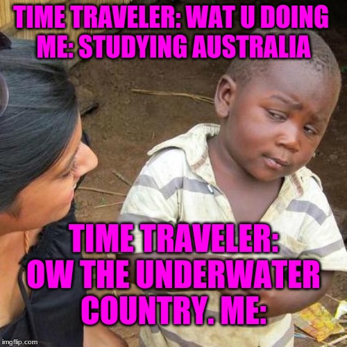 Third World Skeptical Kid | TIME TRAVELER: WAT U DOING 
ME: STUDYING AUSTRALIA; TIME TRAVELER: OW THE UNDERWATER COUNTRY. ME: | image tagged in memes,third world skeptical kid | made w/ Imgflip meme maker