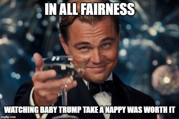 Leonardo Dicaprio Cheers Meme | IN ALL FAIRNESS WATCHING BABY TRUMP TAKE A NAPPY WAS WORTH IT | image tagged in memes,leonardo dicaprio cheers | made w/ Imgflip meme maker