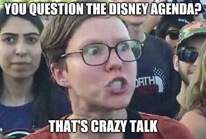 Triggered Liberal | YOU QUESTION THE DISNEY AGENDA? THAT'S CRAZY TALK | image tagged in triggered liberal | made w/ Imgflip meme maker
