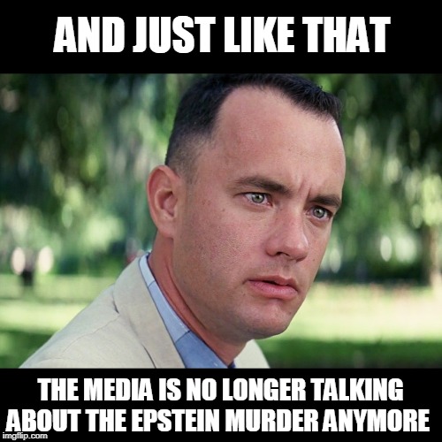 And Just Like That Meme | AND JUST LIKE THAT THE MEDIA IS NO LONGER TALKING ABOUT THE EPSTEIN MURDER ANYMORE | image tagged in memes,and just like that | made w/ Imgflip meme maker