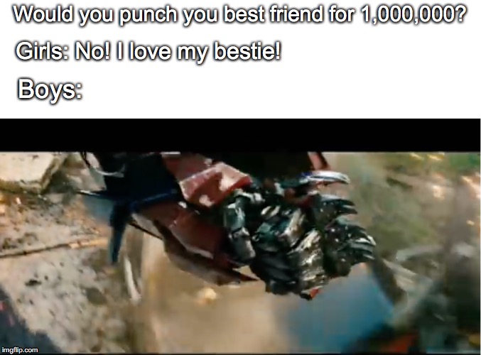Would you punch your friend | Would you punch you best friend for 1,000,000? Girls: No! I love my bestie! Boys: | image tagged in transformers,girls be like | made w/ Imgflip meme maker