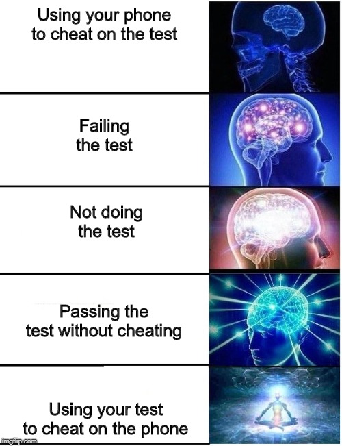 Expanding Brain 5 Panel | Using your phone to cheat on the test; Failing the test; Not doing the test; Passing the test without cheating; Using your test to cheat on the phone | image tagged in expanding brain 5 panel | made w/ Imgflip meme maker