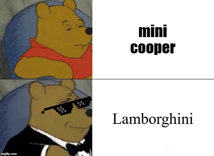 Tuxedo Winnie The Pooh Meme | mini cooper; Lamborghini | image tagged in memes,tuxedo winnie the pooh | made w/ Imgflip meme maker