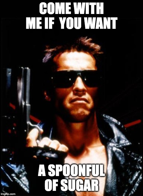 terminator arnold schwarzenegger | COME WITH ME IF  YOU WANT; A SPOONFUL OF SUGAR | image tagged in terminator arnold schwarzenegger | made w/ Imgflip meme maker
