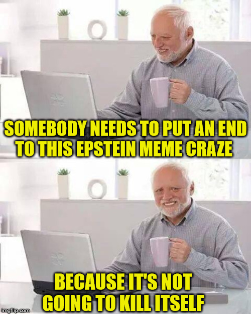 Hide the Epstein Pain Harold | SOMEBODY NEEDS TO PUT AN END    TO THIS EPSTEIN MEME CRAZE; BECAUSE IT'S NOT GOING TO KILL ITSELF | image tagged in memes,hide the pain harold,jeffrey epstein,bad pun,kill,one does not simply | made w/ Imgflip meme maker