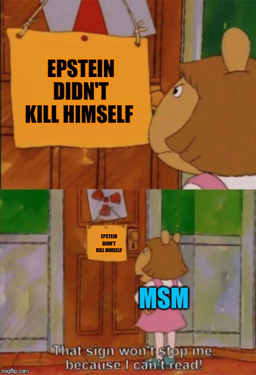 DW Sign Won't Stop Me Because I Can't Read | EPSTEIN DIDN'T KILL HIMSELF; EPSTEIN DIDN'T KILL HIMSELF; MSM | image tagged in dw sign won't stop me because i can't read | made w/ Imgflip meme maker