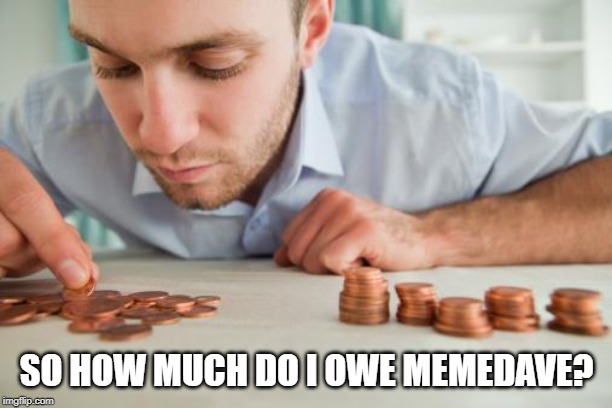 Counting pennies | SO HOW MUCH DO I OWE MEMEDAVE? | image tagged in counting pennies | made w/ Imgflip meme maker