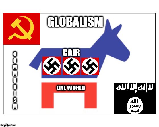 Democrat party | GLOBALISM; CAIR; C
O
M
M
U
N
I
S
M; ONE WORLD | image tagged in democrat party,memes | made w/ Imgflip meme maker