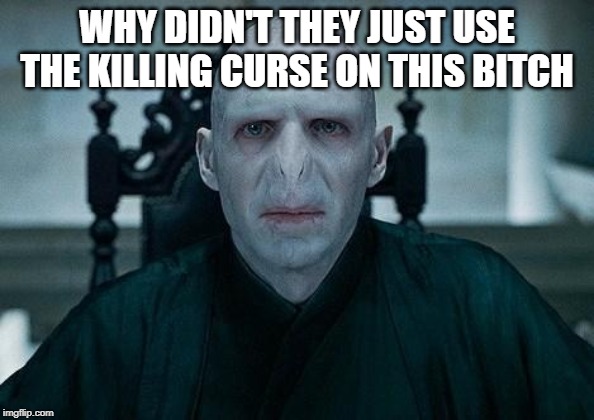 Lord Voldemort | WHY DIDN'T THEY JUST USE THE KILLING CURSE ON THIS B**CH | image tagged in lord voldemort | made w/ Imgflip meme maker