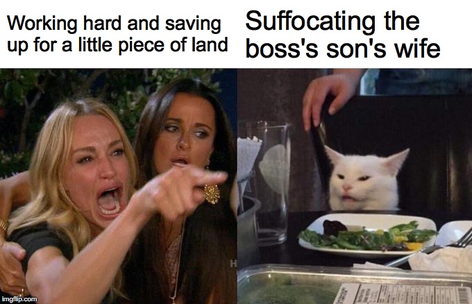 Woman Yelling At Cat Meme | Working hard and saving up for a little piece of land; Suffocating the boss's son's wife | image tagged in memes,woman yelling at cat | made w/ Imgflip meme maker