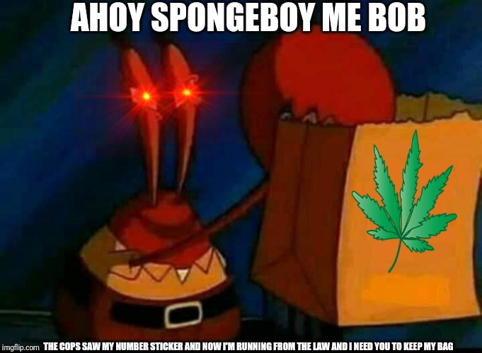 Mr.Krabs | AHOY SPONGEBOY ME BOB; THE COPS SAW MY NUMBER STICKER AND NOW I'M RUNNING FROM THE LAW AND I NEED YOU TO KEEP MY BAG | image tagged in mrkrabs | made w/ Imgflip meme maker