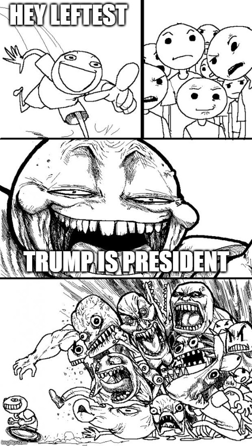 Hey Leftest | HEY LEFTEST; TRUMP IS PRESIDENT | image tagged in memes,hey internet,trump,liberals | made w/ Imgflip meme maker