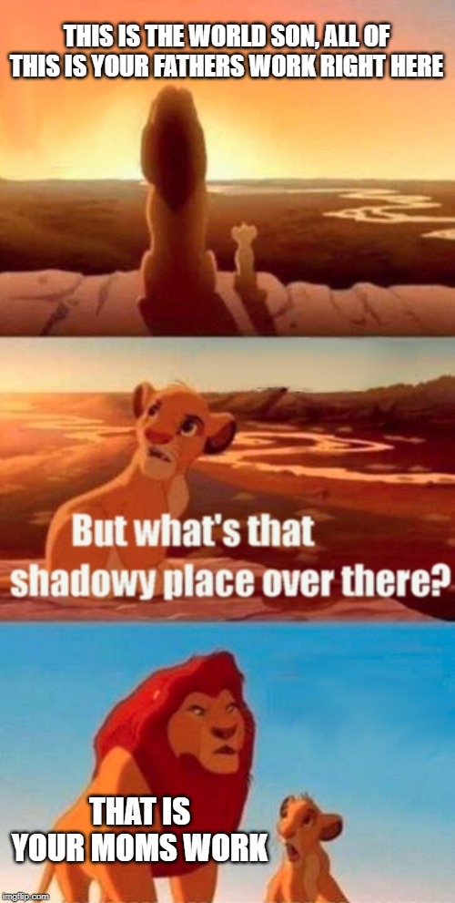 Simba Shadowy Place Meme | THIS IS THE WORLD SON, ALL OF THIS IS YOUR FATHERS WORK RIGHT HERE; THAT IS YOUR MOMS WORK | image tagged in memes,simba shadowy place | made w/ Imgflip meme maker