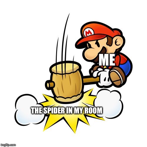 Mario Hammer Smash | ME; THE SPIDER IN MY ROOM | image tagged in memes,mario hammer smash | made w/ Imgflip meme maker