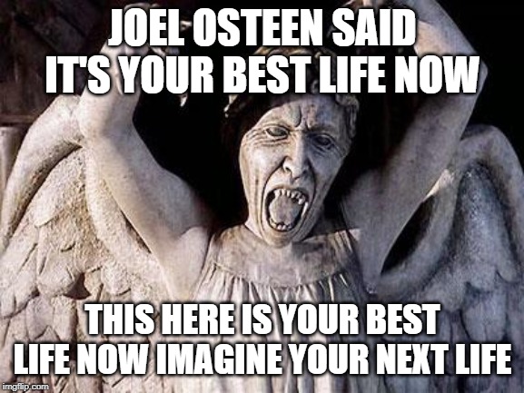 weeping angel | JOEL OSTEEN SAID IT'S YOUR BEST LIFE NOW; THIS HERE IS YOUR BEST LIFE NOW IMAGINE YOUR NEXT LIFE | image tagged in weeping angel | made w/ Imgflip meme maker
