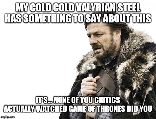 Easy to be a Critic when you don't care about the truth. When you're a best-selling author... your opinion etc | MY COLD COLD VALYRIAN STEEL HAS SOMETHING TO SAY ABOUT THIS; IT'S... NONE OF YOU CRITICS ACTUALLY WATCHED GAME OF THRONES DID YOU | image tagged in memes,brace yourselves x is coming | made w/ Imgflip meme maker