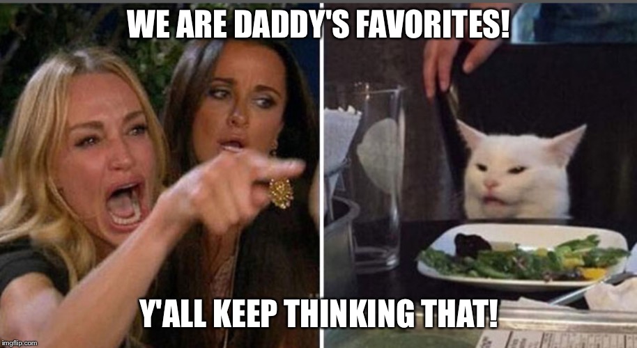 Screaming woman/cat | WE ARE DADDY'S FAVORITES! Y'ALL KEEP THINKING THAT! | image tagged in screaming woman/cat | made w/ Imgflip meme maker