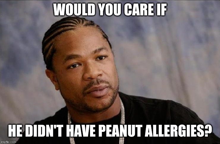 Xibit_surprised | WOULD YOU CARE IF HE DIDN'T HAVE PEANUT ALLERGIES? | image tagged in xibit_surprised | made w/ Imgflip meme maker