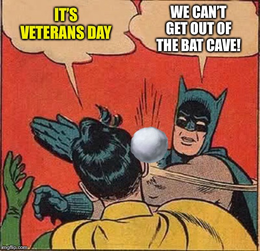 Batman Slapping Robin Meme | IT’S VETERANS DAY WE CAN’T GET OUT OF THE BAT CAVE! | image tagged in memes,batman slapping robin | made w/ Imgflip meme maker