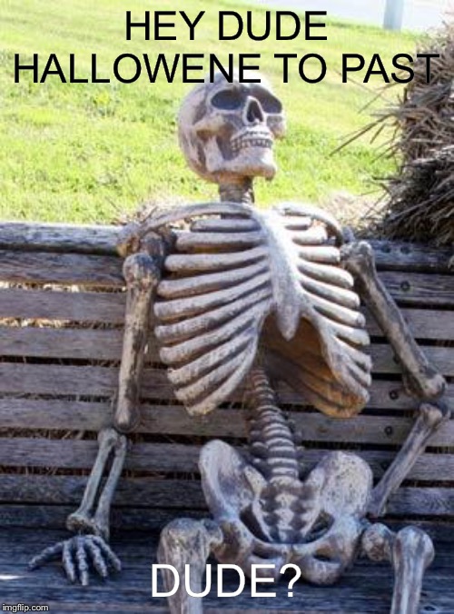 Waiting Skeleton Meme | HEY DUDE HALLOWENE TO PAST; DUDE? | image tagged in memes,waiting skeleton | made w/ Imgflip meme maker
