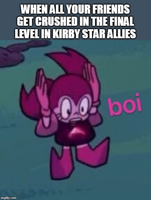 WHEN ALL YOUR FRIENDS GET CRUSHED IN THE FINAL LEVEL IN KIRBY STAR ALLIES | image tagged in short spinel | made w/ Imgflip meme maker