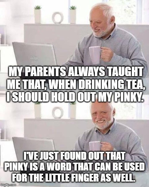 Hide the Pain Harold | MY PARENTS ALWAYS TAUGHT ME THAT, WHEN DRINKING TEA, I SHOULD HOLD OUT MY PINKY. I'VE JUST FOUND OUT THAT PINKY IS A WORD THAT CAN BE USED FOR THE LITTLE FINGER AS WELL. | image tagged in memes,hide the pain harold | made w/ Imgflip meme maker