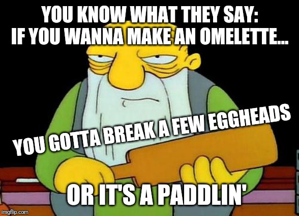 That's a paddlin' | YOU KNOW WHAT THEY SAY:
IF YOU WANNA MAKE AN OMELETTE... YOU GOTTA BREAK A FEW EGGHEADS; OR IT'S A PADDLIN' | image tagged in memes,that's a paddlin',funny memes,dank memes,so true memes,funny | made w/ Imgflip meme maker
