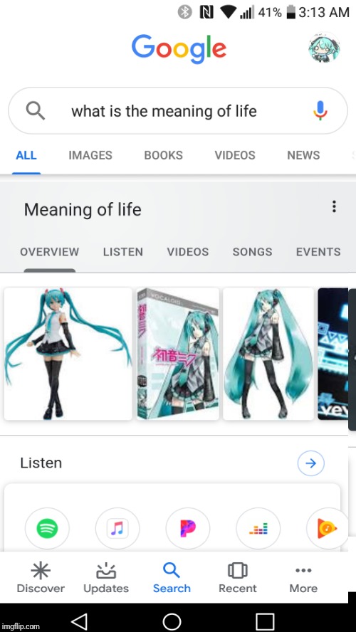 The meaning of life | image tagged in hatsune miku,the meaning of life,depression,google search | made w/ Imgflip meme maker