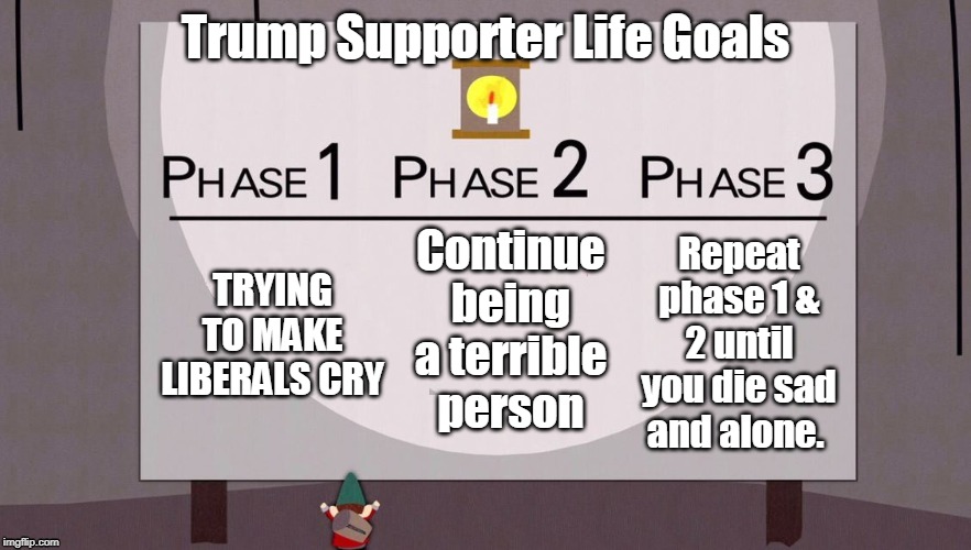 trump supporter life goals | Trump Supporter Life Goals; TRYING TO MAKE LIBERALS CRY; Continue being a terrible person; Repeat phase 1 & 2 until you die sad and alone. | image tagged in trump supporter | made w/ Imgflip meme maker