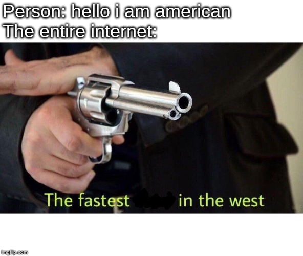 fastest draw | Person: hello i am american
The entire internet: | image tagged in fastest draw | made w/ Imgflip meme maker