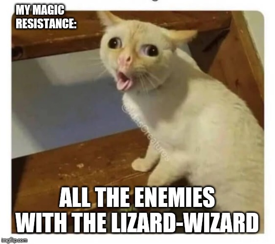 Coughing Cat | MY MAGIC 
     RESISTANCE:; ALL THE ENEMIES WITH THE LIZARD-WIZARD | image tagged in coughing cat | made w/ Imgflip meme maker