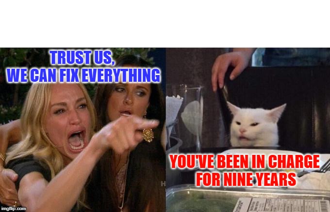 Woman Yelling At Cat | TRUST US, 
WE CAN FIX EVERYTHING; YOU'VE BEEN IN CHARGE 
FOR NINE YEARS | image tagged in memes,woman yelling at cat | made w/ Imgflip meme maker