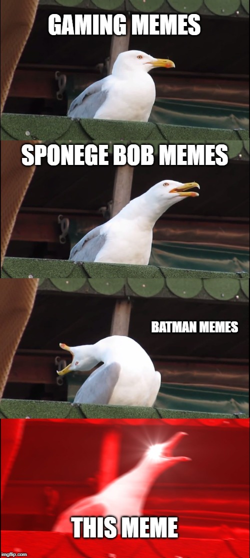 Inhaling Seagull Meme | GAMING MEMES; SPONEGE BOB MEMES; BATMAN MEMES; THIS MEME | image tagged in memes,inhaling seagull | made w/ Imgflip meme maker