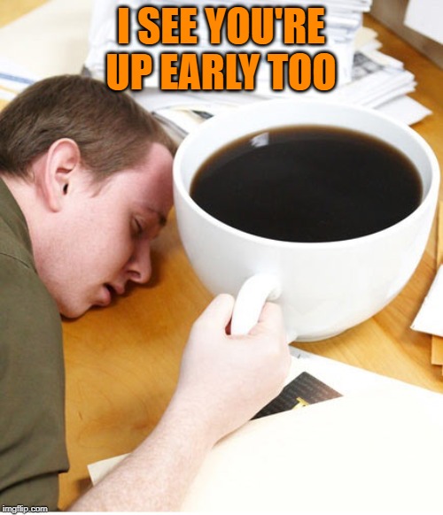 coffee morning sleeping desk | I SEE YOU'RE UP EARLY TOO | image tagged in coffee morning sleeping desk | made w/ Imgflip meme maker
