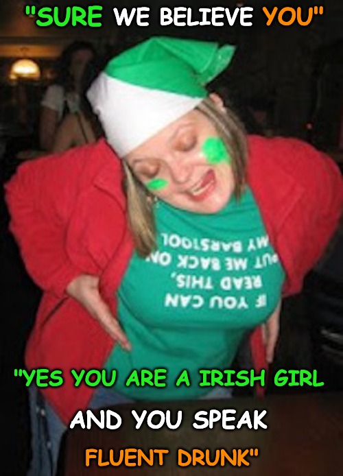 I don't drink! “Sláinte,” to TimidDeer... | YOU"; "SURE; WE BELIEVE; "YES YOU ARE A IRISH GIRL; AND YOU SPEAK; FLUENT DRUNK" | image tagged in irish,timiddeer,drunk,drink | made w/ Imgflip meme maker
