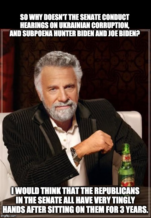 The Most Interesting Man In The World Meme | SO WHY DOESN'T THE SENATE CONDUCT HEARINGS ON UKRAINIAN CORRUPTION, AND SUBPOENA HUNTER BIDEN AND JOE BIDEN? I WOULD THINK THAT THE REPUBLICANS IN THE SENATE ALL HAVE VERY TINGLY HANDS AFTER SITTING ON THEM FOR 3 YEARS. | image tagged in memes,the most interesting man in the world | made w/ Imgflip meme maker
