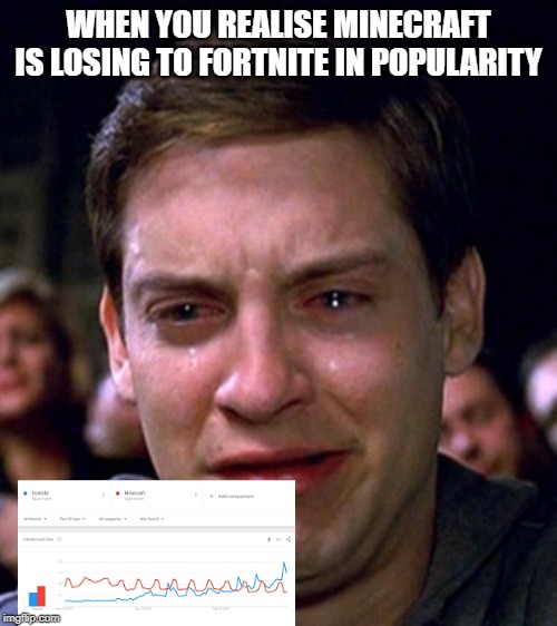 crying peter parker | WHEN YOU REALISE MINECRAFT IS LOSING TO FORTNITE IN POPULARITY | image tagged in crying peter parker | made w/ Imgflip meme maker