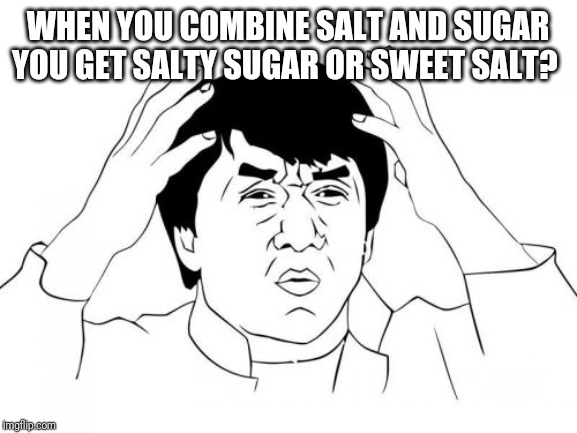 Jackie Chan WTF Meme | WHEN YOU COMBINE SALT AND SUGAR YOU GET SALTY SUGAR OR SWEET SALT? | image tagged in memes,jackie chan wtf | made w/ Imgflip meme maker