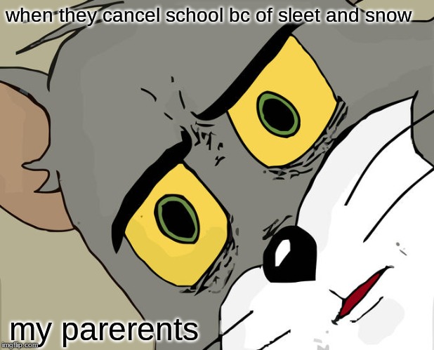 Unsettled Tom | when they cancel school bc of sleet and snow; my parents | image tagged in memes,unsettled tom | made w/ Imgflip meme maker