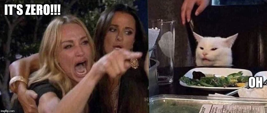 woman yelling at cat | IT'S ZERO!!! OH | image tagged in woman yelling at cat | made w/ Imgflip meme maker